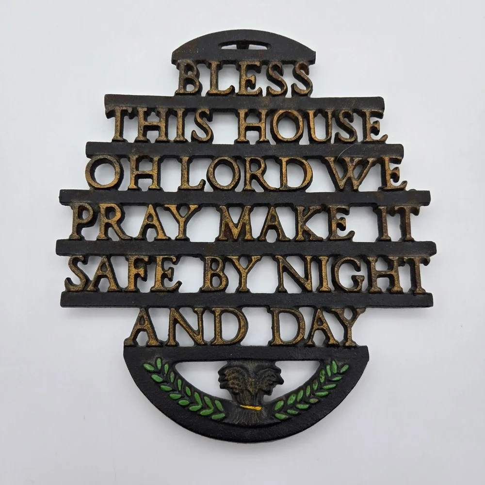 Wilton Cast Iron Trivet Bless This‎ House Prayer Black Gold Vintage Decor